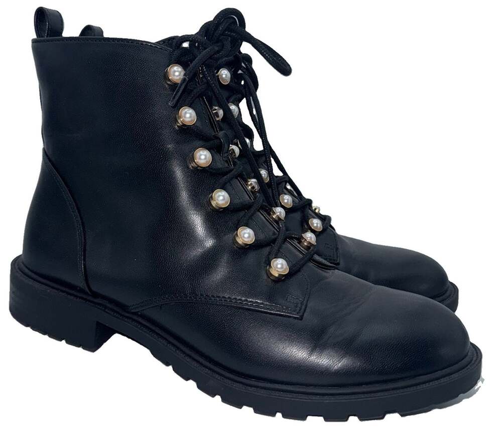 Crown & Ivy Women’s 7M Black Pearl Lace Up Combat Ankle Boots Side Zip